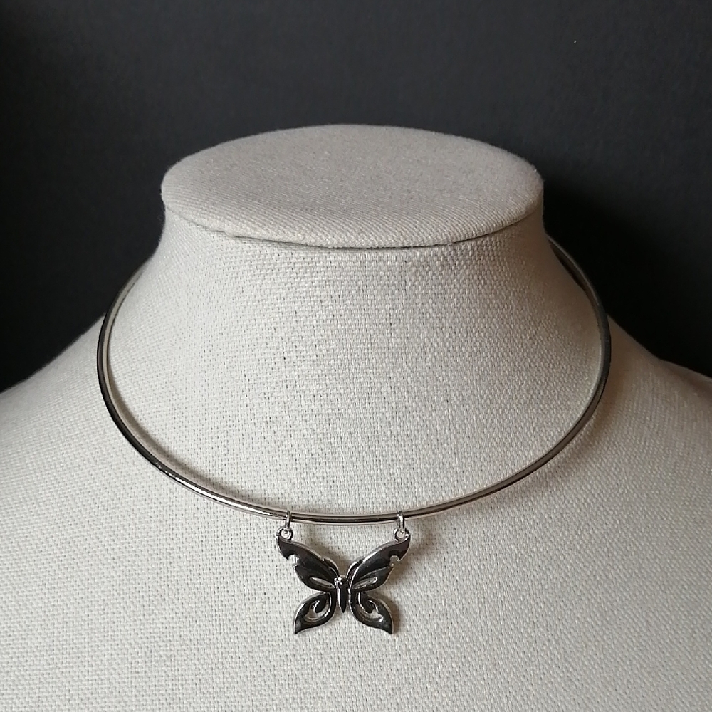 Butterfly Pendant Silvertone Choker Necklace